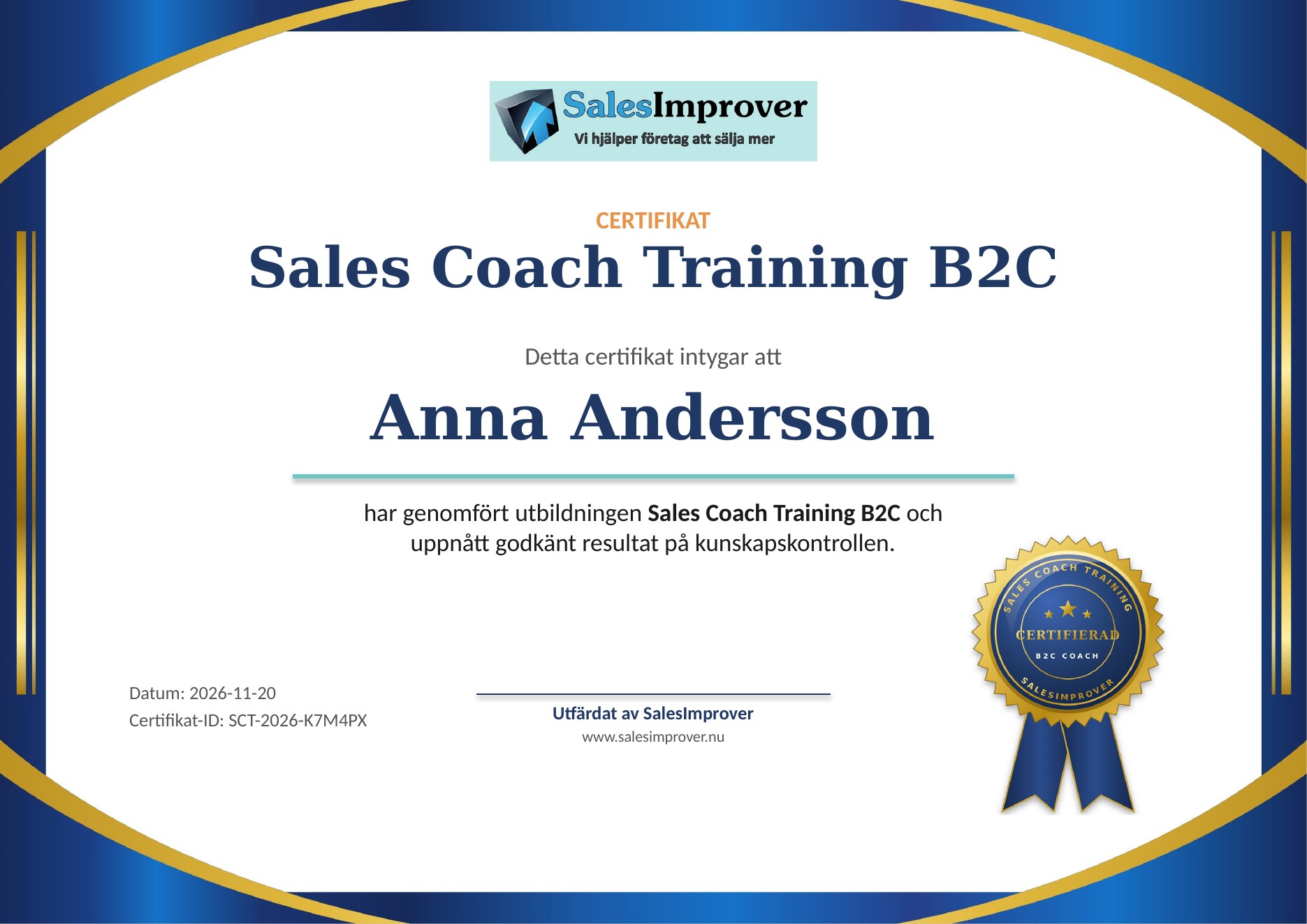 Exempel på certifikat: Sales Coach Training B2C, utfärdat av SalesImprover